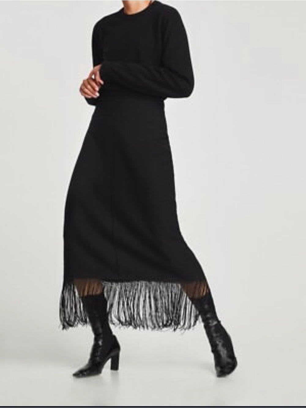 Zara NWT MIDI Skirt with Fringe Trafaluc Autumn Winter 17-18 Collection Black M